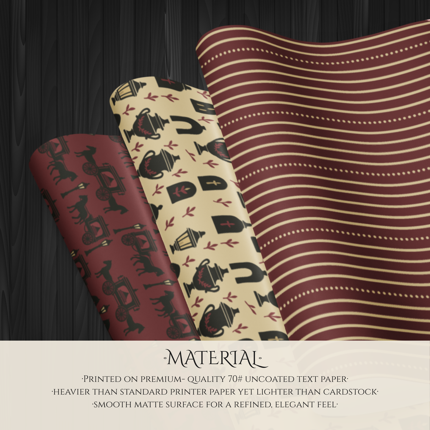 Three rolls of paper with different patterns on a dark background