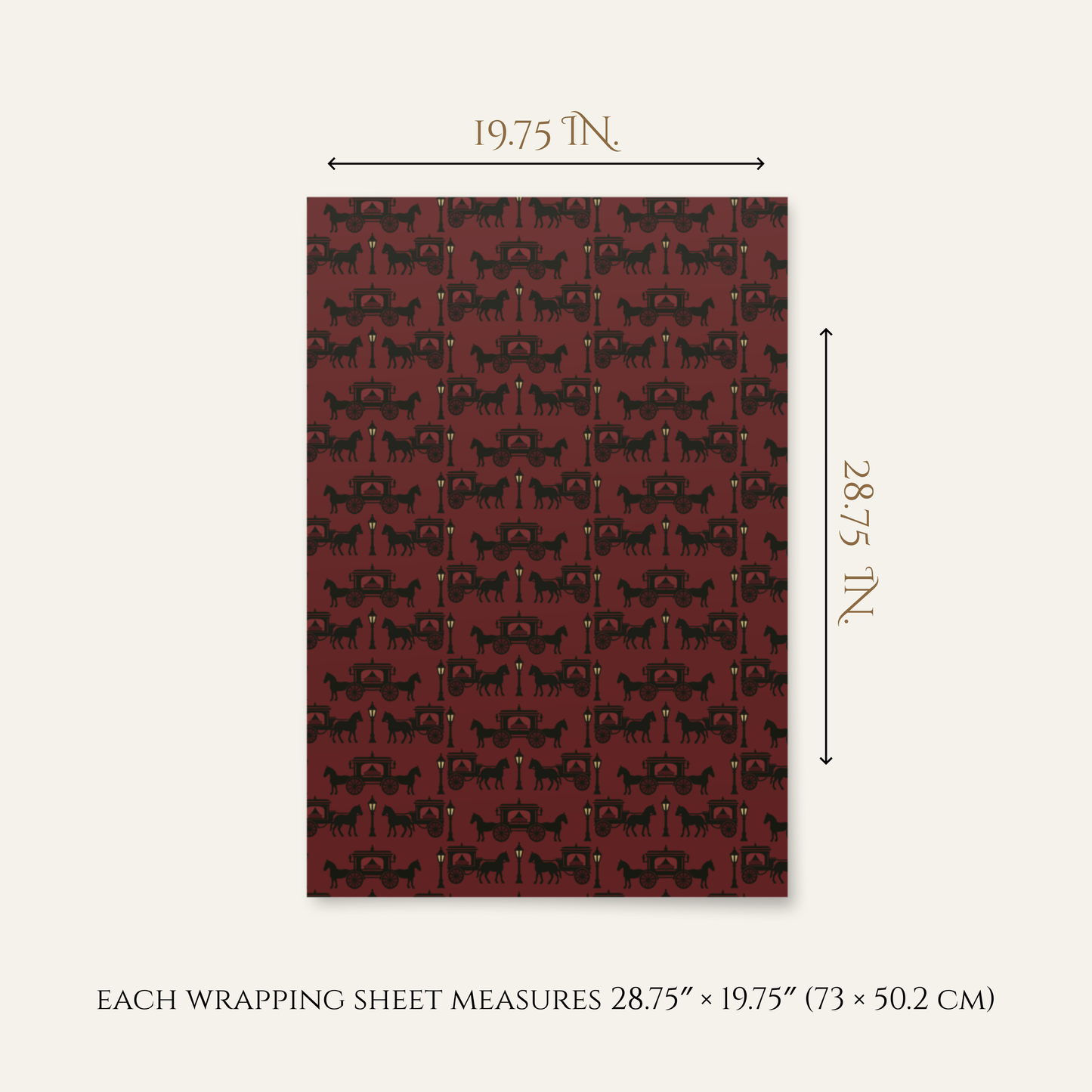 Wine-colored wrapping paper with horse pattern and dimensions on a white background