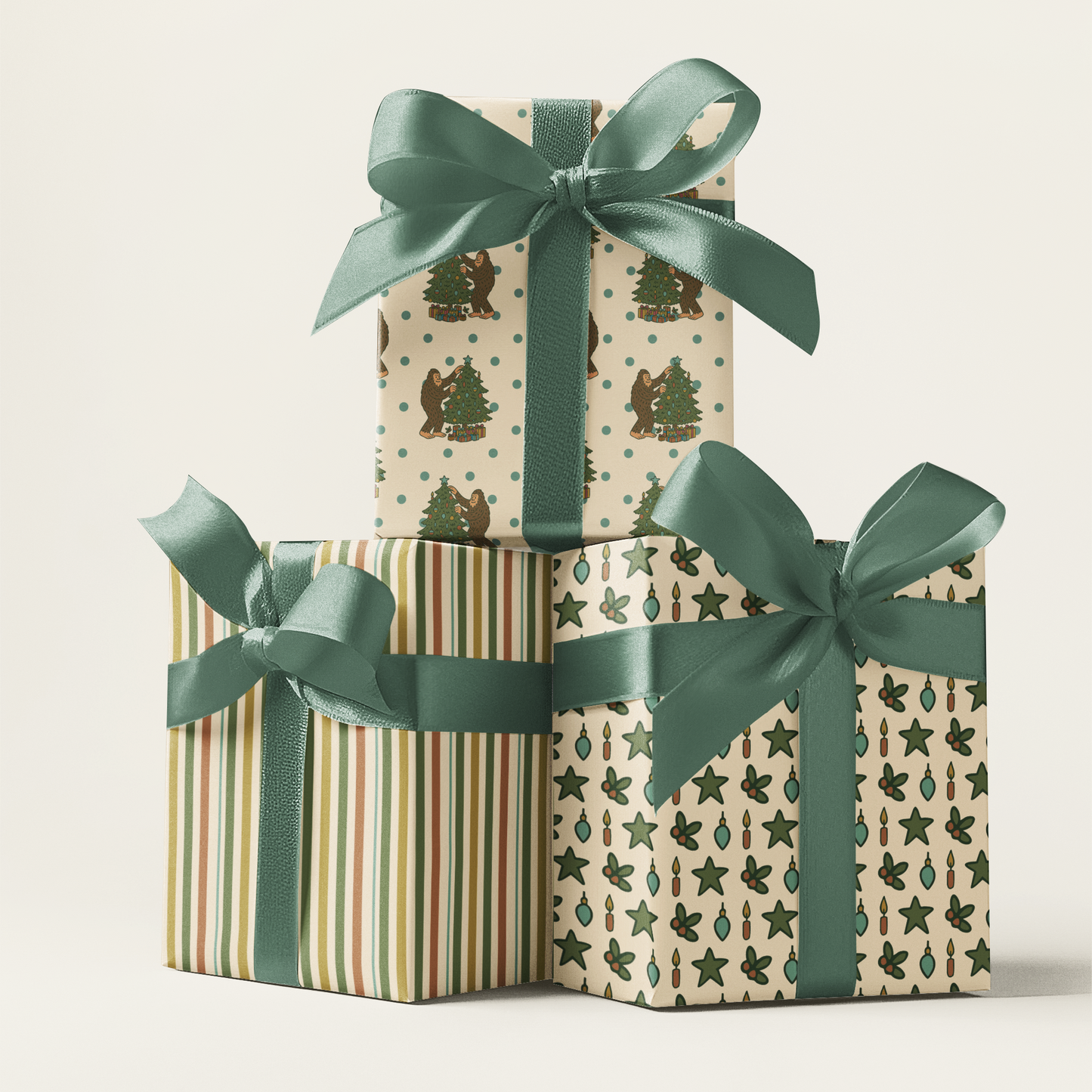 Bigfoot Christmas Wrapping Paper - Holly Jolly Bigfoot 3-Piece Cryptid Holiday Gift Wrap