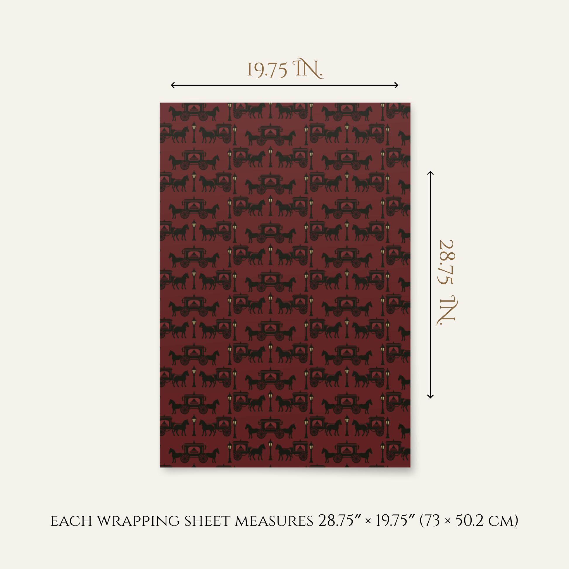 Wine-colored wrapping paper with horse pattern and dimensions on a white background